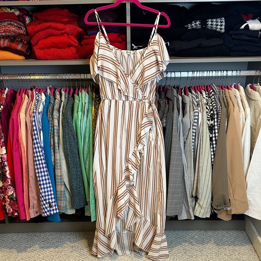 Blush white/pink/gray striped adjustable strap elastic waistband maxi dress S